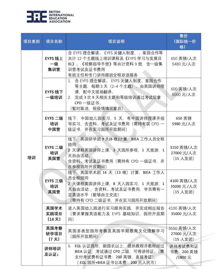 EYFS Product Price List -1副本